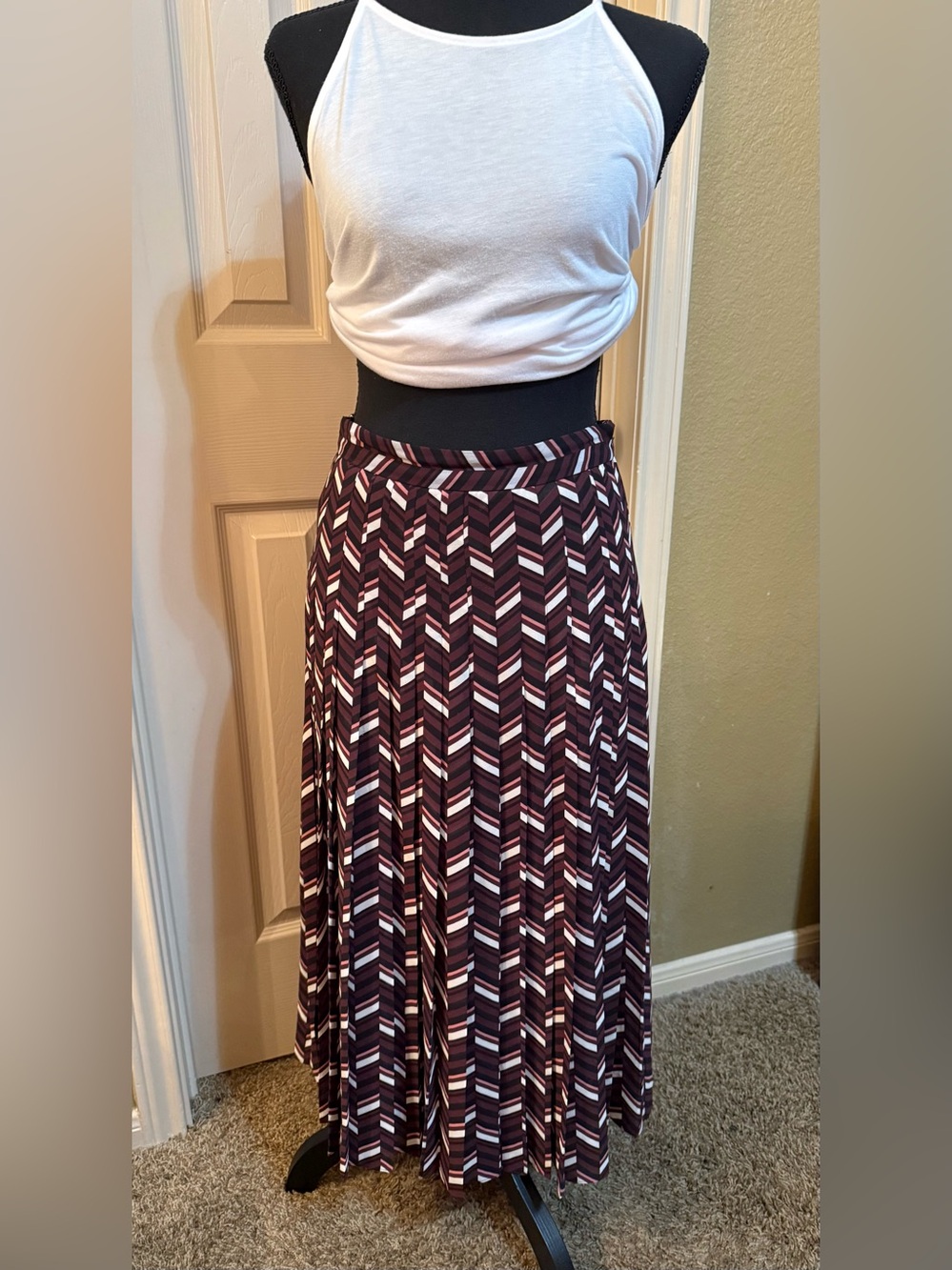 Michael Kors Burgundy and White Chevron Maxi Skirt